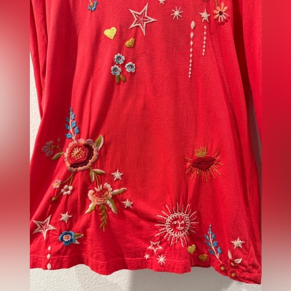 Johnny Was Embroidered Floral Heart Eyes Stars Pink Quarter Sleeves Boho Top XS - Picture 6 of 16